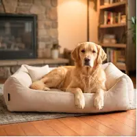 4L Textil TEO Hundekorb mittelgroße Hunde Kuscheliges Hundebett mit Bezug Hundekissen flauschig Hundekörbchen Hundesofa (100x80 cm, Beige)