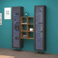 Web Furniture Graue schwebende Wohnzimmerwand aus Holz mit Bücherregal und 2 Vitrinen Kesia RT
