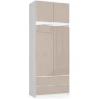 Akord Kleiderschrank – Schlafzimmerschrank mit Kleiderstange – Weiß / Beige Hochglanz – 90 cm – Erweiterbarer Drehtürenschrank mit Aufsatz und 2 Schubladen