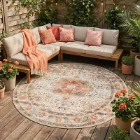 FRAAI In- & Outdoor Teppich Rund - Kairo Medaillon Creme Bunt Ø 100 cm
