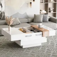 STILVORA Couchtisch mit ausziehbarer Tischplatte,Kaffeetisch mit verstecktem Stauraum und Trennwänden,Quadratischer Sofatisch,weiß+Holzfarbe
