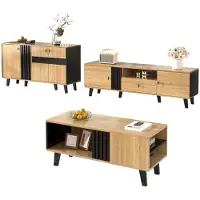 Aiorber Wohnzimmermöbel Set 3-teilig, Couchtisch, TV-Schrank & Sideboard, modern Holz/Schwarz, LED, viel Stauraum, Holzfarben & Schwarz