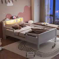 Merax Holzbett 90x200cm mit USB & Typ-C Steckdose, Kinderbett Einzelbett mit LED-Licht & Ablage-Kopfteil, Multifunktionsbett aus Kiefernholz, Weiß