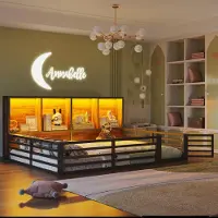 Sweiko Zaunbett, 140 x 200cm, Daybett, Plattform,Bettseite mit Staufach, Bett mit Lattenrost ( Ohne Matratze), Brüstung,Metall, Schwarz