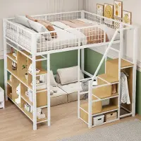 Sweiko Multifunktionales Hochbett 140 x 200 cm, Metallbett mit Stauraum, Ablageflächen und Treppe, Erwachsenenbett und Kinderbett, Weiß,