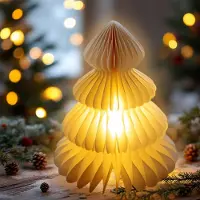 Spetebo LED Papier Weihnachtsbaum warm weiß beleuchtet mit Timer - 28 cm - Dekofigur Tannenbaum faltbar mit Beleuchtung Batterie betrieben