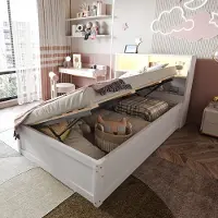 Sweiko Schlafsofa 90x200, mit Mehrfachsteckdose und mehreren Staufächern, mit Lichtleiste, hydraulisches Bett, Massivholzbett, Einzelbett, multifunktionales Holzbett, Weiß.