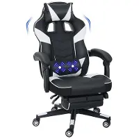 Puluomis Gaming Stuhl mit Massage und Fußstütze 150kg, Bürostuhl Ergonomisch Chefsessel Schreibtischstuhl Racing Stuhl Computerstuhl Weiß Schwarz