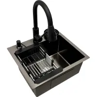 OEM Küchenspüle, Ausziehbarer Wasserhahn, Integrierte Zubehörteile, schwarz