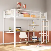 Sweiko Metall-Hochbett, 90x200 cm, Sicherheitsleiter mit Treppenstufen, Einzelbett, Kinderbett mit Tisch und Regalen, Metallgitter-Sicherheitszaun, Weiß