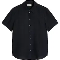 Marc O'Polo Kurzarmbluse , Damen, Gr. 44, schwarz (deep night blau), Web, Obermaterial: 100% Leinen, regular fit normal, Blusen Kurzarmbluse, Leinenbluse regular mit breiter Kellerfalten im Rücken