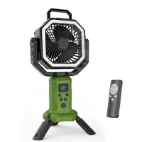 Lixada Camping-Ventilator mit Stativ, Fernbedienung, wiederaufladbarem Akku (20.000 mAh), LED-Licht und Solarpanel – Outdoor-Ventilator für Zelte, grün