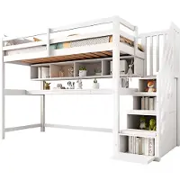 Happyment Kinder-Loftbett 90x200cm – Hochbett mit integriertem Schreibtisch und Stauraum – Mit Eckleiter, Absturzsicherung und Fenster – Peuterbett – Weiß