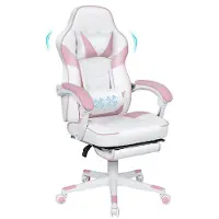 Puluomis Gaming Stuhl mit Massage und Fußstütze 150kg, Bürostuhl Ergonomisch Chefsessel Schreibtischstuhl Racing Stuhl Computerstuhl Rosa Pink Weiß