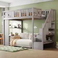 Sweiko Hochbett 90 x 200 cm, Kinderbett mit Stauraumtreppe, Hochbett mit mehreren großen Staufächern, Funktionsbett, Kinderbett, Jugendbett, Holzbett, Grau (ohne Matratze)