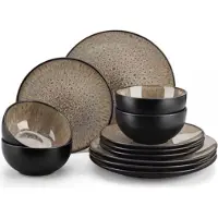 Happyment Zamira Serviesset – 12-teilig – 4 Personen – Braun – Essteller – Tafelservice – Tiefe Teller – Frühstücksteller – Servies – Küchenservies