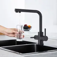 OEM 3-fach Küchenhahn schwarz, 360-Grad drehbarer Küchenhahn, 3-in-1 Küchenmischhahn für Wasserfilter, Trinkwasserschlauch mit doppeltem Hebel, dreifachhahn, matt schwarz