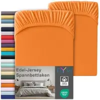 NYVI Edel Jersey Spannbettlaken Deluxe für Matratzen bis 25 cm Steghöhe - 100% Baumwolle supergekämmt, 140g/m2, Rundumgummizug Farbe:Orange;Größe:180-200 x 200 cm (2er Set)