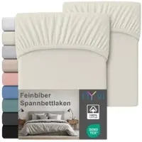 NYVI Feinbiber Spannbettlaken Deluxe für Matratzen bis 25 cm Steghöhe - Extra Warm & Weich, 100% Baumwolle, Bügelfrei, Vorgekrumpft Farbe:Creme;Größe:180x200 cm (2er Set)