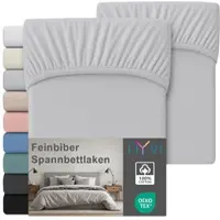 NYVI Feinbiber Spannbettlaken Deluxe für Matratzen bis 25 cm Steghöhe - Extra Warm & Weich, 100% Baumwolle, Bügelfrei, Vorgekrumpft Farbe:Silber;Größe:140x200 cm (2er Set)