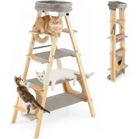 OEM Kletterturm für Katzen 5 Ebenen massiv Holz mit Sisal-Kletterstangen und weichem Liegeplatz klappbarer Katzenkletterturm für große und kleine Haustiere