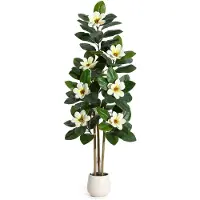 StarTech.com Fiddle Leaf Fig Kunstbaum - Große Bodenpflanze Bonsai - 150 cm PE - Mit Weißen Magnolienblüten - Indoor Outdoor Deko - Weißer Blumentopf