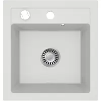 Faizee Home [Granitspüle 48x50 in weiß Armatur Steel] Hochwertige Eckige Granit Spülbecken f. Unterschränke ab 45 cm inkl.Siphon Set, Farbe:Weiß