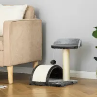 SUGIFT Kratzbaum klein, Katzenbaum mit Höhle, Kletterbaum Plüsch Sisal, Dunkelgrau | 35,5 x 37 x 46 cm | Spielball | bis 4 kg