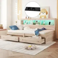 Sweiko Daybett, 90x200cm Tagesbett, Schlafsofa, Nachtkästchen,Bett mit 2 USB- und 2 Ladebuchsen, Ambiente-Beleuchtung, Bett mit zwei Schubladen, Bett mit Lattenrost (ohne Matratze), Spanplatte, Natur