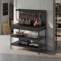 SUGIFT Werkbank mit Lochwand und Schubladen, Arbeitsstation, verstellbare Regale, Schwarz | 122 x 61 x 156 cm | 272 kg Traglast | Stahl + MDF
