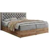 MKS Meble Boxspringbett, Deko, Doppelbett, Polsterbett mit Bettkästen und Multipocket-Matratze, Eiche Wotan holzrahmen - Albero-3 - 120x200cm - Hellgrau Velvet - H3