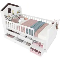 XTEILC Halbhohes Bett,90x200cm,Hausform,Fenster,4 Schubladen,LED-Lichtleiste,Lagerleiter,ohne Matratze,Weiß