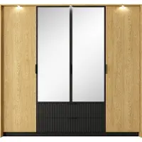 WFL GROUP Kleiderschrank mit Spiegel – Skandinavisch 223x210x59 cm – Eiche Baltic & Schwarz mit LED – 4 Türen, Schubladen mit Soft-Close – Viel Stauraum – OAKLYN