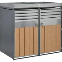 STILVORA Mülltonnenbox Stahl Grau-Holzoptik abschließbar mit Pflanzkasten, 2 Fächer