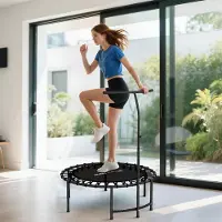 SUGIFT Fitness Trampolin mit Haltegriff 5-stufig verstellbar, Rebounder Mini Trampolin, Stahl/Kunststoff, Schwarz | Ø102 cm | 36 Bungee-Seile | bis 100 kg