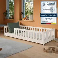 KIDS Collection Kinderbett Bodenbett 90x190 cm mit Rausfallschutz, Matratze & Lattenrost Montessori Bett Bed Gitterbett Kinder Jugendbett Einzelbett | Baumwolle