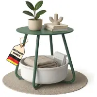 Coemo Couchtisch KOSI Grün aus Metall Ø 45 x 45 cm mit Aufbewahrungskorb Canvas, Beistelltisch rund mit Ablage - Wohnzimmertisch im Vintage Style, Sofatisch , Gartentisch mit Stoffkorb, zerlegt