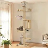Bremen Boden- bis Decken-Kratzbaum, 116-122 Zoll höhenverstellbarer 6-stöckiger Katzenturm mit 7 Sisal-Kratzstämmen, hoher Kletterbaum aus Holz für Wohnungskatzen