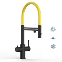 VIZIO 5 Wege Wasserhahn Küchenarmatur Edelstahl Massiv mit 360° Schwenkbarem Auslauf Abnehmbare 2 Strahl Handbrause PVD Schwarz Matt Gelb