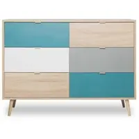 Furn.Design Schubladenkommode Eiche Sonoma, Petrol, weiß, Kommode Tricolor skandinavisch | Gr.: onesize