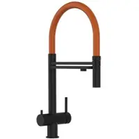 VIZIO 3 Wege Wasserhahn Küchenarmatur Edelstahl Massiv mit 360° Schwenkbarem Auslauf und Abnehmbare 2 Strahl Handbrause PVD Schwarz Matt Orange