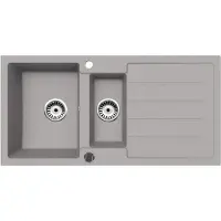 Faizee Home [Granitspüle 100x50 +Spülkorb] Hochwertige Eckige Einbaugranitspüle Granit Spülbecken f. Unterschränke ab 45 cm inkl.Siphon Set, Farbe:Grau