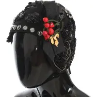 Dolce&Gabbana Black Crystal Gold Cherries Brooch Women's Hat