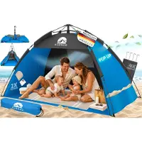 ELONEO Pop Up Strandmuschel UV Schutz 80+, Leichter Aufbau und kleines Packmaß inkl. Tragetasche, Strand Sonnenschutz & Windschutz für Babys und Erwachsene, Blau, 190x100x110 cm