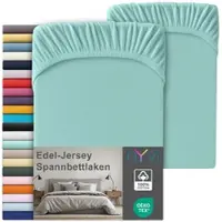 NYVI Edel Jersey Spannbettlaken Deluxe für Matratzen bis 25 cm Steghöhe - 100% Baumwolle supergekämmt, 140g/m2, Rundumgummizug Farbe:Aqua;Größe:180-200 x 200 cm (2er Set)