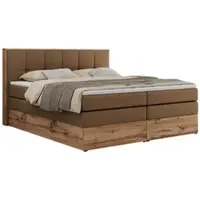MKS Meble Boxspringbett, Doppelbett mit zwei Multipocket-Matratzen ALBERO 1 KING, Bettkästen und Kopfteil, Holzkiste in Wotan-Eichenfarbe - 200x200 cm - H4 - Braun Kunstleder