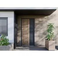 Vente-unique Eingangstür, massiv, aus Stahl, Höhe 207 cm, Breite 100 cm – Schwarz mit Holzoptik-Streifen – Rechts öffnend, nach innen – COBRITA