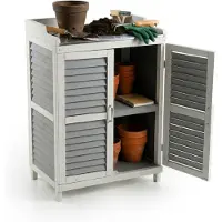 Relaxdays Pflanztisch mit Unterschrank, Holz, Eisen Arbeitsplatte, HxBxT: 100 x 67 x 47 cm, Gartenschrank, grau/weiß