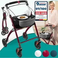 Aktiv shop GmbH ELONEO Wohnungsrollator 54cm breit, faltbar und leicht, inkl. Tablett & Stoffkorb, Rollator schmal für die Wohnung, Indoor-Rollator, klappbar, Aluminium,Mobilität für Zuhause rot