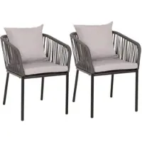 Proregal Gartenstuhl 2er-Set 75x55x55cm Sitzhöhe 48cm Wetterfest Aluminium Seilgeflecht Rope Anthrazit Kissen Grau Outdoor Armlehne